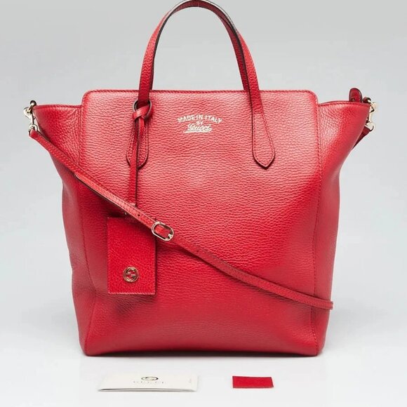 Gucci Red Pebbled Leather Swing Crossbody Tote Bag - Picture 1 of 12